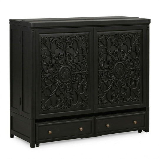 Murphy cabinet bed in Artesian White finish closed as a compact cabinet - solid mahogany with ornate hand-carved filigree doors, painted white finish - Whats New Furniture Portland OR