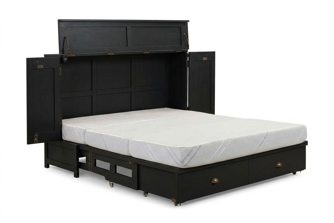 Murphy cabinet bed in Artesian White finish fully open with queen memory foam mattress - solid mahogany with ornate hand-carved filigree doors, painted white finish - Whats New Furniture Portland OR