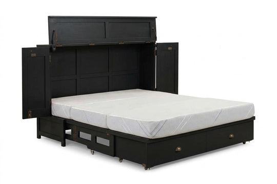 Murphy cabinet bed in Artesian White finish fully open with queen memory foam mattress - solid mahogany with ornate hand-carved filigree doors, painted white finish - Whats New Furniture Portland OR