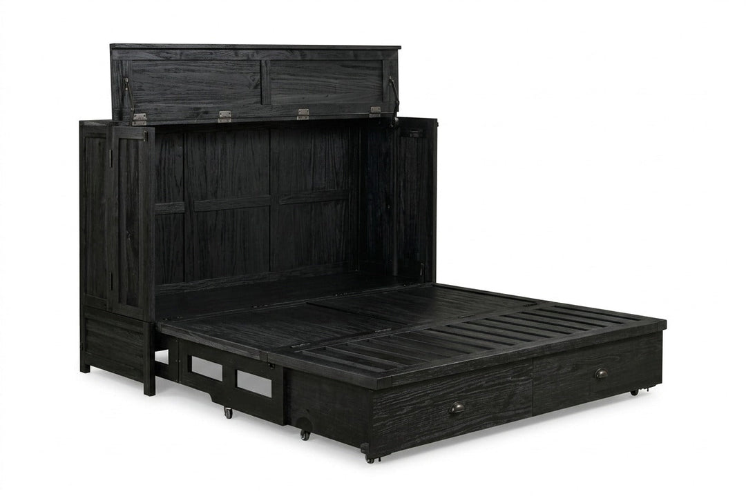 Murphy cabinet bed in Milan Black finish opening to reveal the queen bed frame - solid mahogany with diamond-pattern raised-panel doors, painted black finish - Whats New Furniture Portland OR