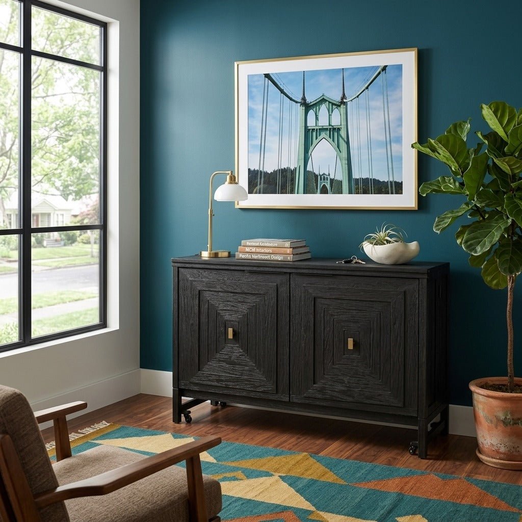 Milan Black Murphy cabinet bed in bright Portland mid-century modern room as a credenza - Whats New Furniture