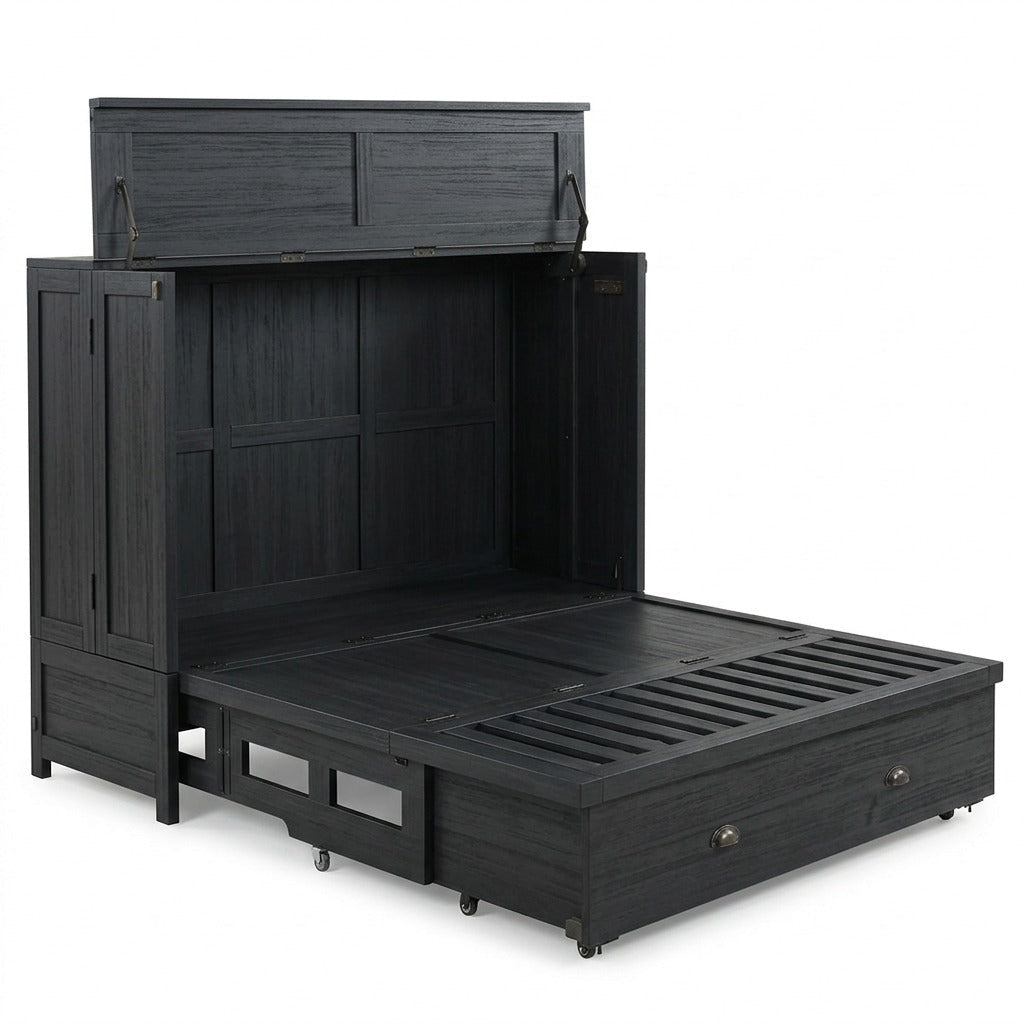 Murphy cabinet bed in black finish opening to reveal the queen bed frame - space-saving bed by Whats New Furniture Portland