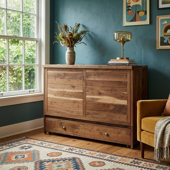 Murphy cabinet bed in black walnut styled as a credenza in a bright Portland mid-century modern room - Whats New Furniture