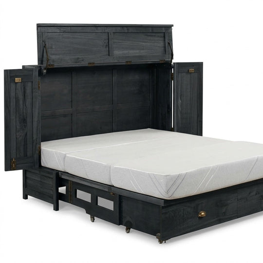 Murphy cabinet bed in black finish fully open with queen memory foam mattress - solid suar wood in painted black finish, Whats New Furniture Portland