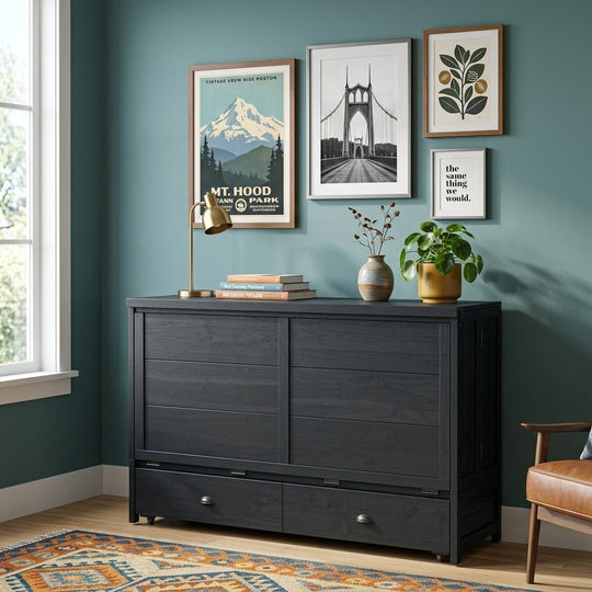 Murphy cabinet bed in black styled as a credenza in a bright Portland mid-century modern room - Whats New Furniture