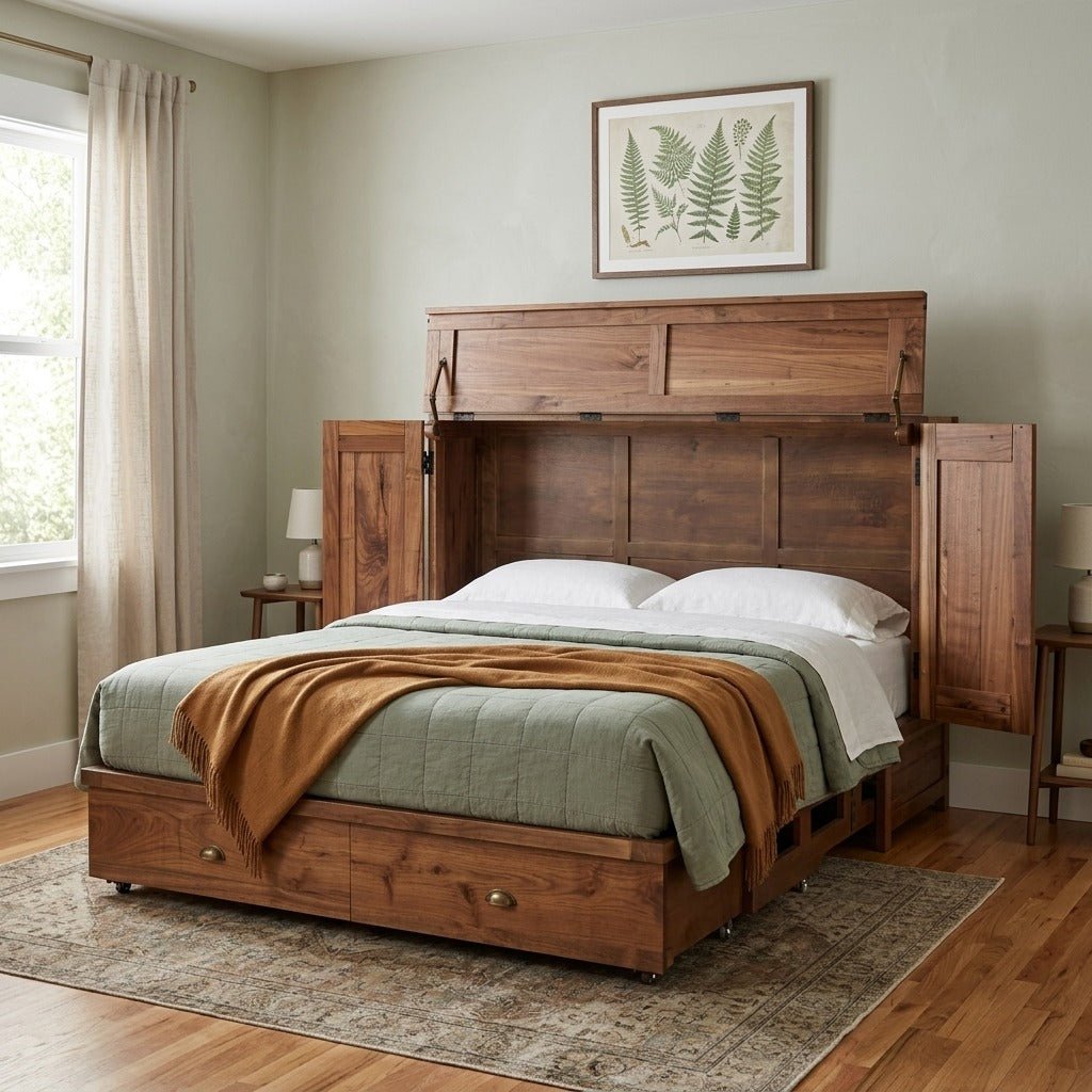 Murphy cabinet bed open with flip-up top, sage and ochre bedding in a serene Portland guest bedroom - Whats New Furniture