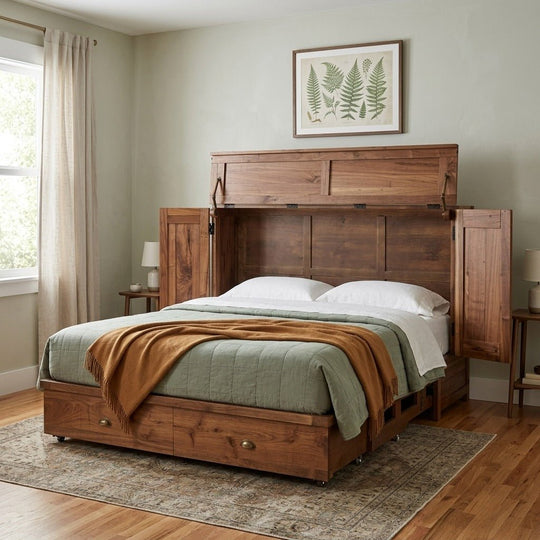 Murphy cabinet bed open with flip-up top, sage and ochre bedding in a serene Portland guest bedroom - Whats New Furniture