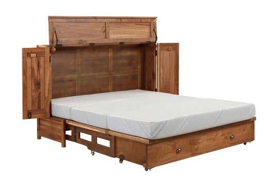 Murphy cabinet bed fully open with queen memory foam mattress - solid walnut Murphy bed, Whats New Furniture Portland