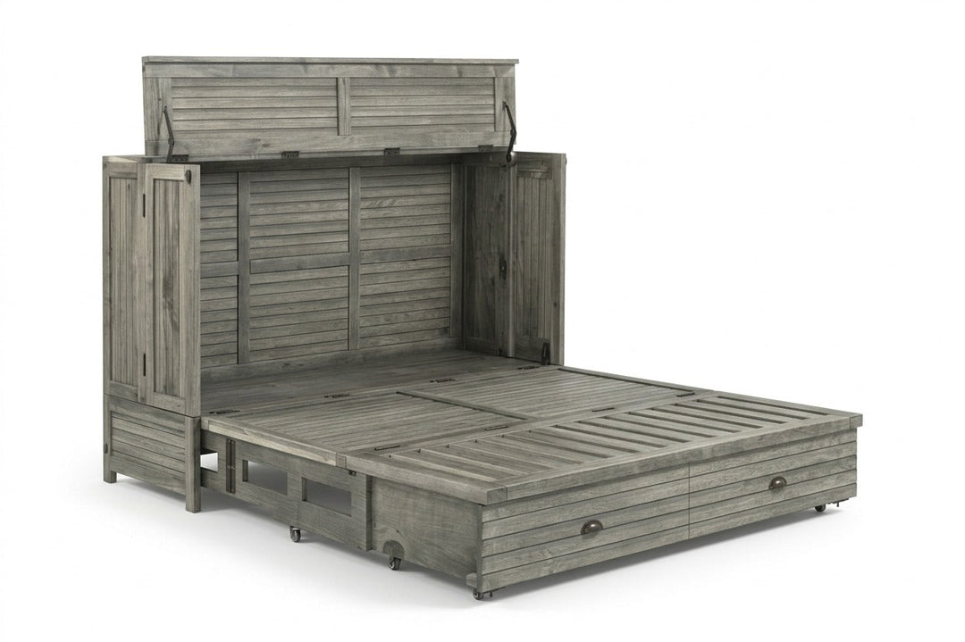 Murphy cabinet bed in Seabreeze finish opening to reveal the queen bed frame - solid acacia with weathered gray louver doors, driftwood finish - Whats New Furniture Portland OR