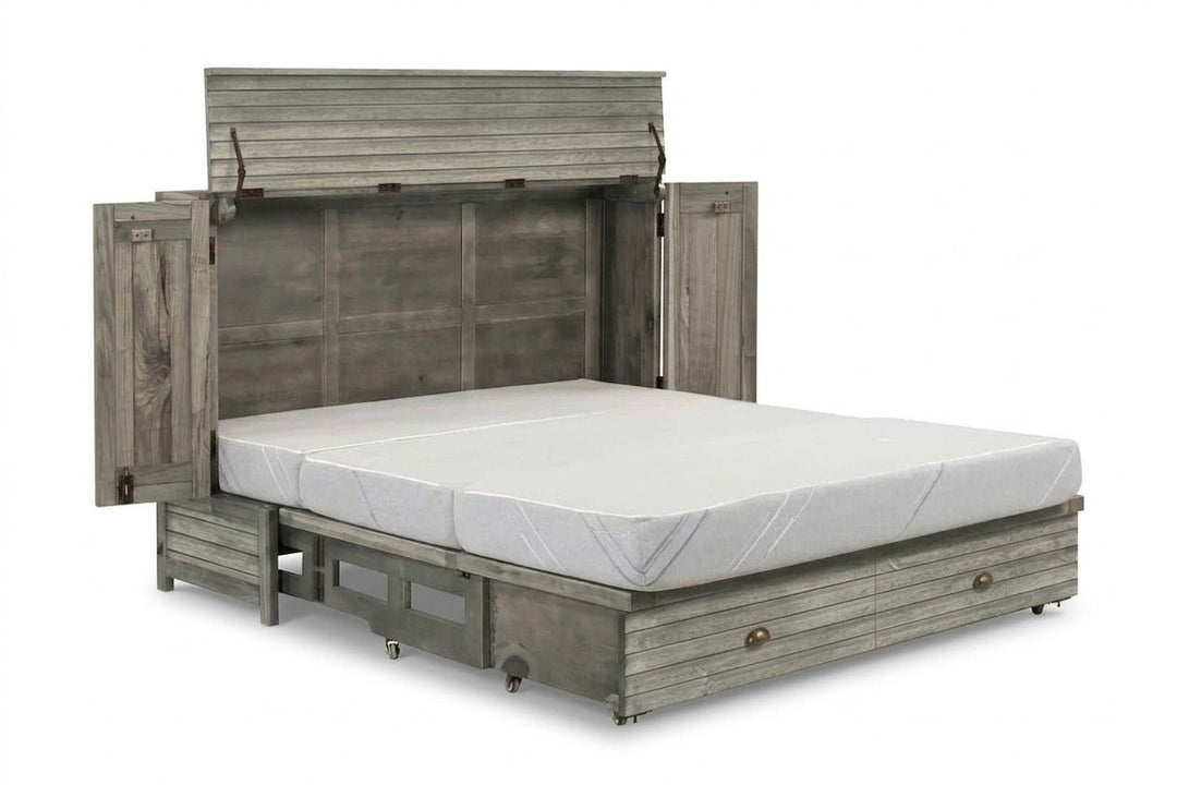 Murphy cabinet bed in Seabreeze finish fully open with queen memory foam mattress - solid acacia with weathered gray louver doors, driftwood finish - Whats New Furniture Portland OR