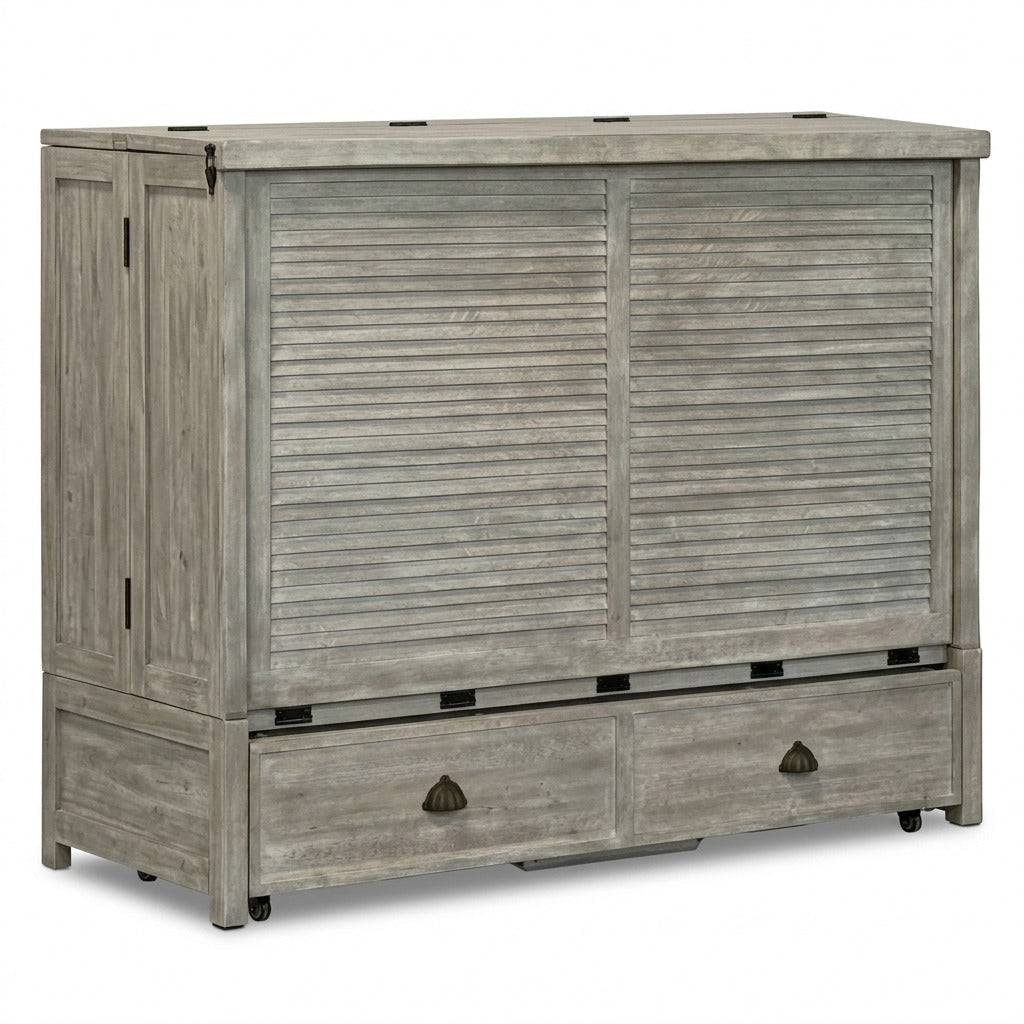 Murphy cabinet bed in Seabreeze finish closed as a compact cabinet - solid acacia with weathered gray louver doors, driftwood finish - Whats New Furniture Portland OR