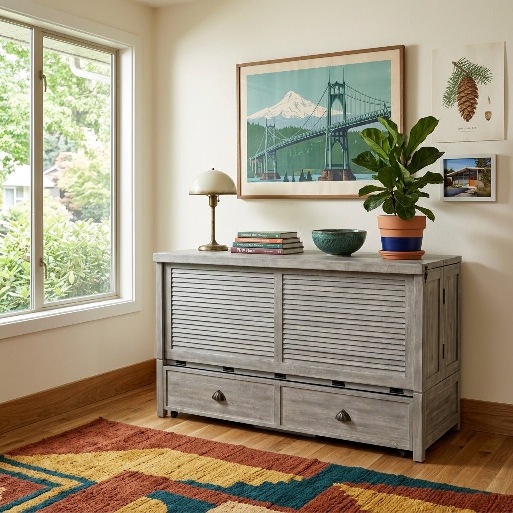 Seabreeze Murphy cabinet bed in bright Portland mid-century modern room as a credenza - Whats New Furniture