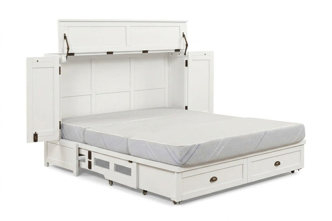 Murphy cabinet bed in Milan White finish fully open with queen memory foam mattress - solid mahogany with diamond-pattern raised-panel doors, painted white finish - Whats New Furniture Portland OR