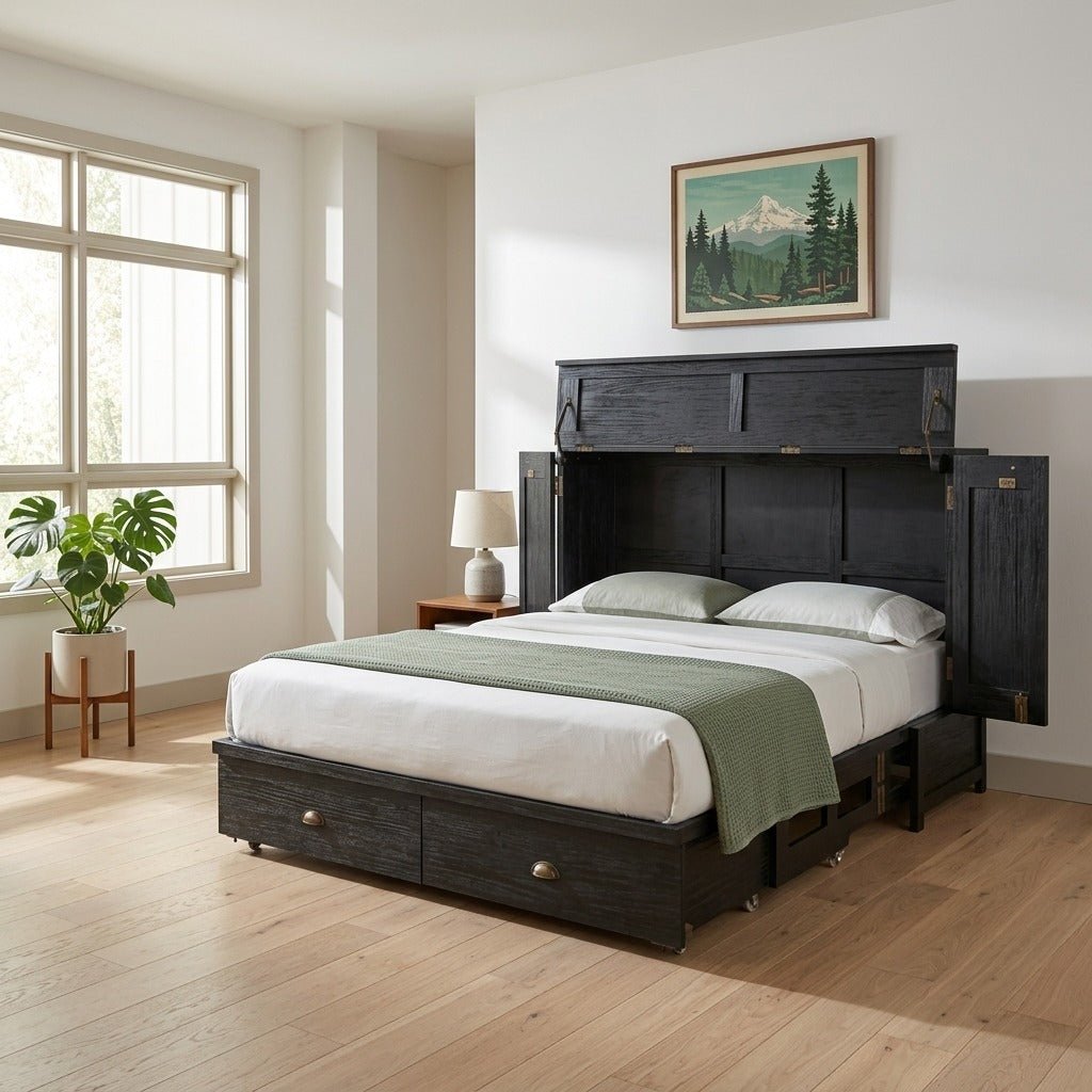 Milan Black Murphy cabinet bed in serene Portland guest bedroom - Whats New Furniture