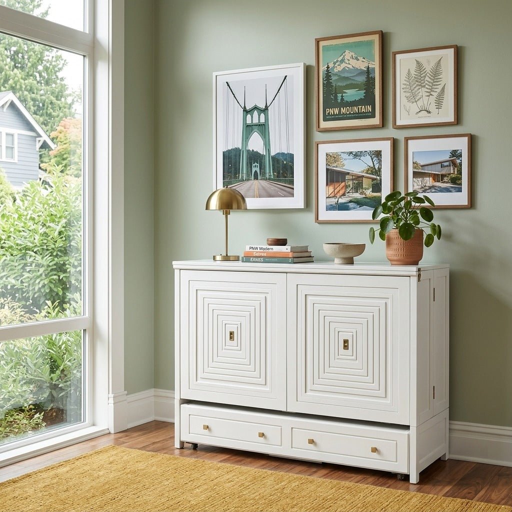Milan White Murphy cabinet bed in bright Portland mid-century modern room as a credenza - Whats New Furniture