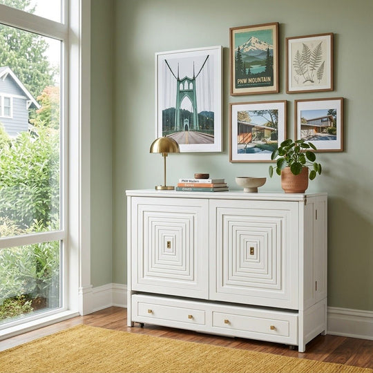 Milan White Murphy cabinet bed in bright Portland mid-century modern room as a credenza - Whats New Furniture