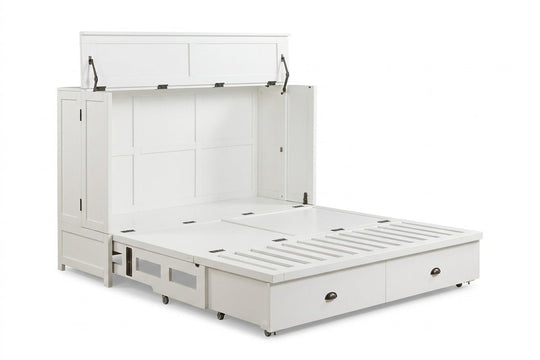 Murphy cabinet bed in Milan White finish opening to reveal the queen bed frame - solid mahogany with diamond-pattern raised-panel doors, painted white finish - Whats New Furniture Portland OR