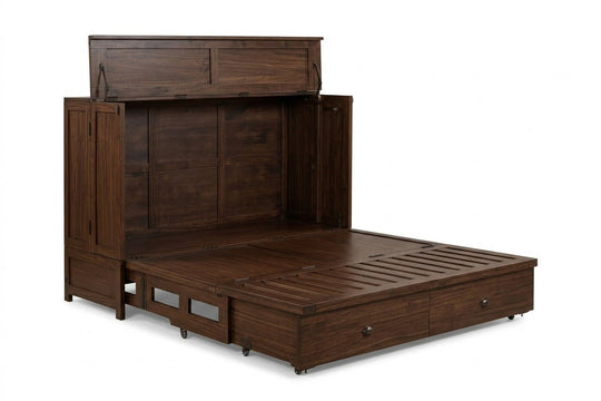 Murphy cabinet bed in Leaf finish opening to reveal the queen bed frame - solid mahogany with hand-carved leaf motif doors, natural brown finish - Whats New Furniture Portland OR