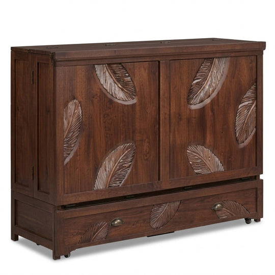 Murphy cabinet bed in Leaf finish closed as a compact cabinet - solid mahogany with hand-carved leaf motif doors, natural brown finish - Whats New Furniture Portland OR