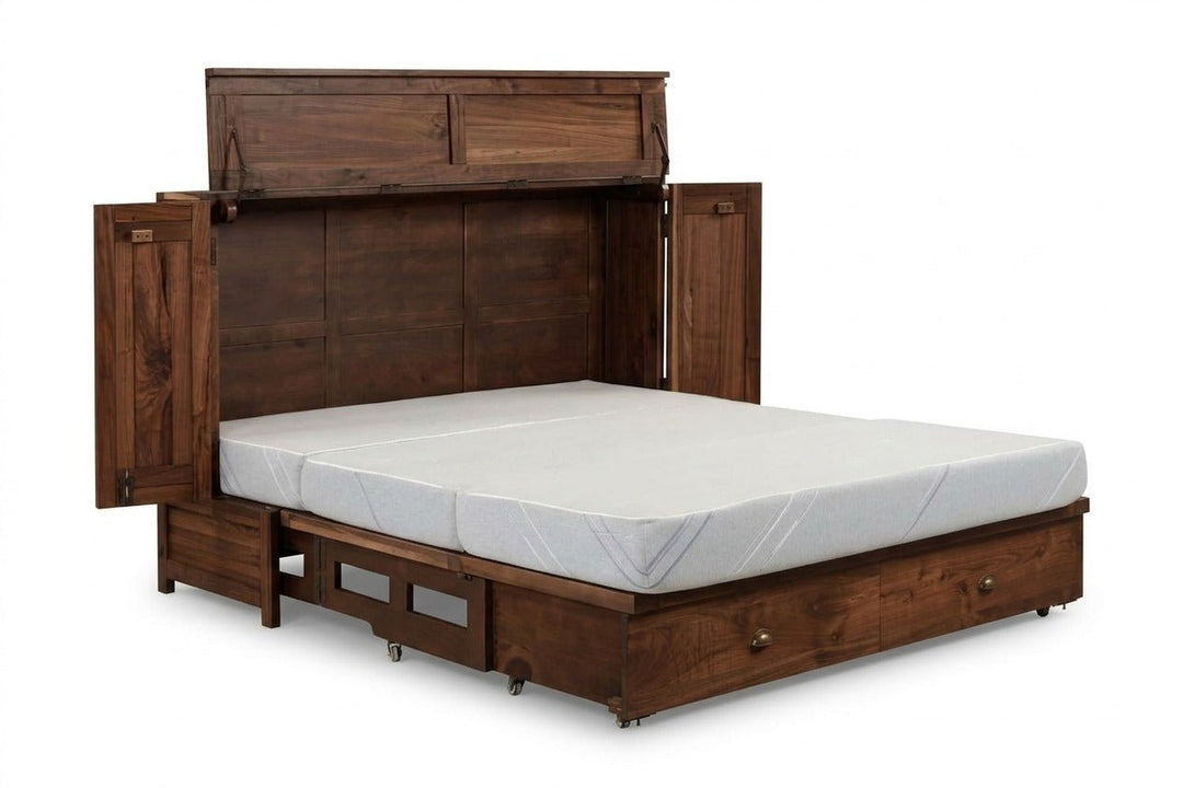 Murphy cabinet bed in Leaf finish fully open with queen memory foam mattress - solid mahogany with hand-carved leaf motif doors, natural brown finish - Whats New Furniture Portland OR