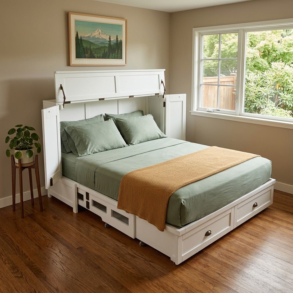 Milan White Murphy cabinet bed in serene Portland guest bedroom - Whats New Furniture