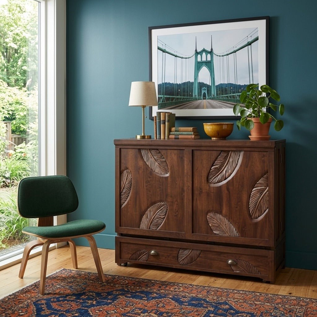 Leaf Murphy cabinet bed in bright Portland mid-century modern room as a credenza - Whats New Furniture