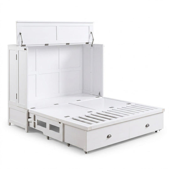 Murphy cabinet bed in white finish opening to reveal the queen bed frame - space-saving bed by Whats New Furniture Portland