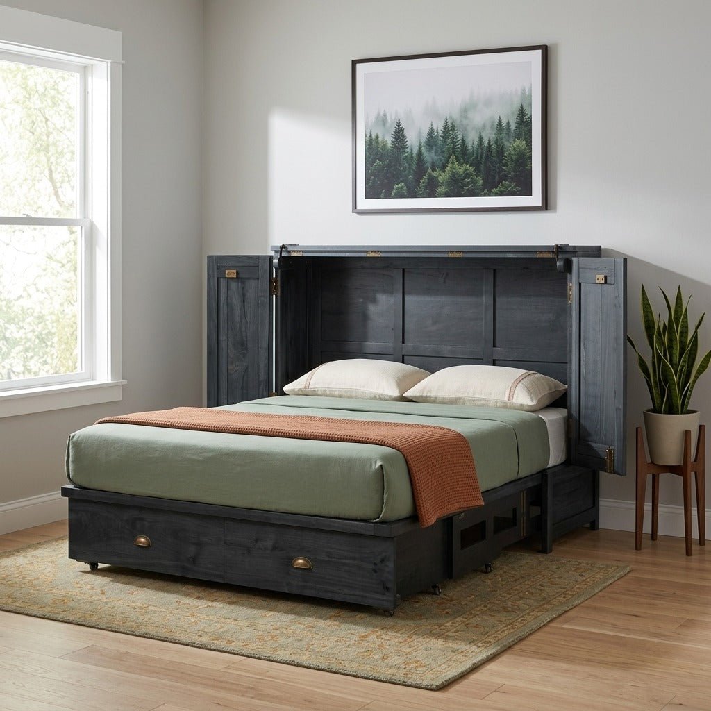 Murphy cabinet bed in black open with layered bedding in a serene Portland guest bedroom - Whats New Furniture