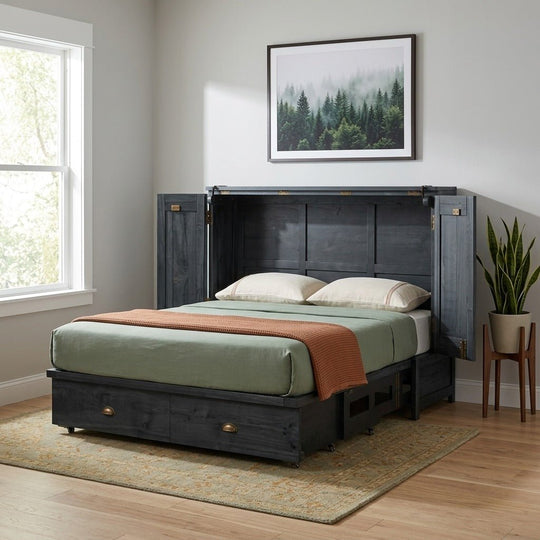 Murphy cabinet bed in black open with layered bedding in a serene Portland guest bedroom - Whats New Furniture