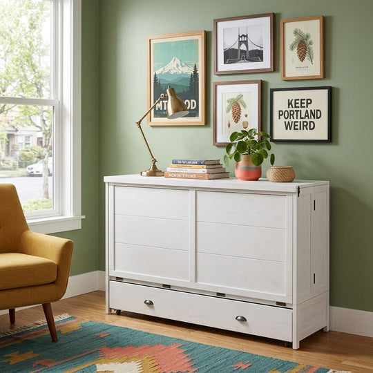 Murphy cabinet bed in white styled as a credenza in a bright Portland mid-century modern room - Whats New Furniture