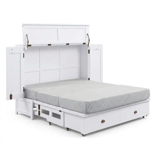 Murphy cabinet bed in white finish fully open with queen memory foam mattress - solid mahogany in painted white finish, Whats New Furniture Portland