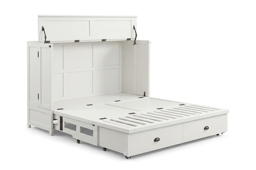 Murphy cabinet bed in Artesian Black finish opening to reveal the queen bed frame - solid mahogany with ornate hand-carved filigree doors, painted black finish - Whats New Furniture Portland OR