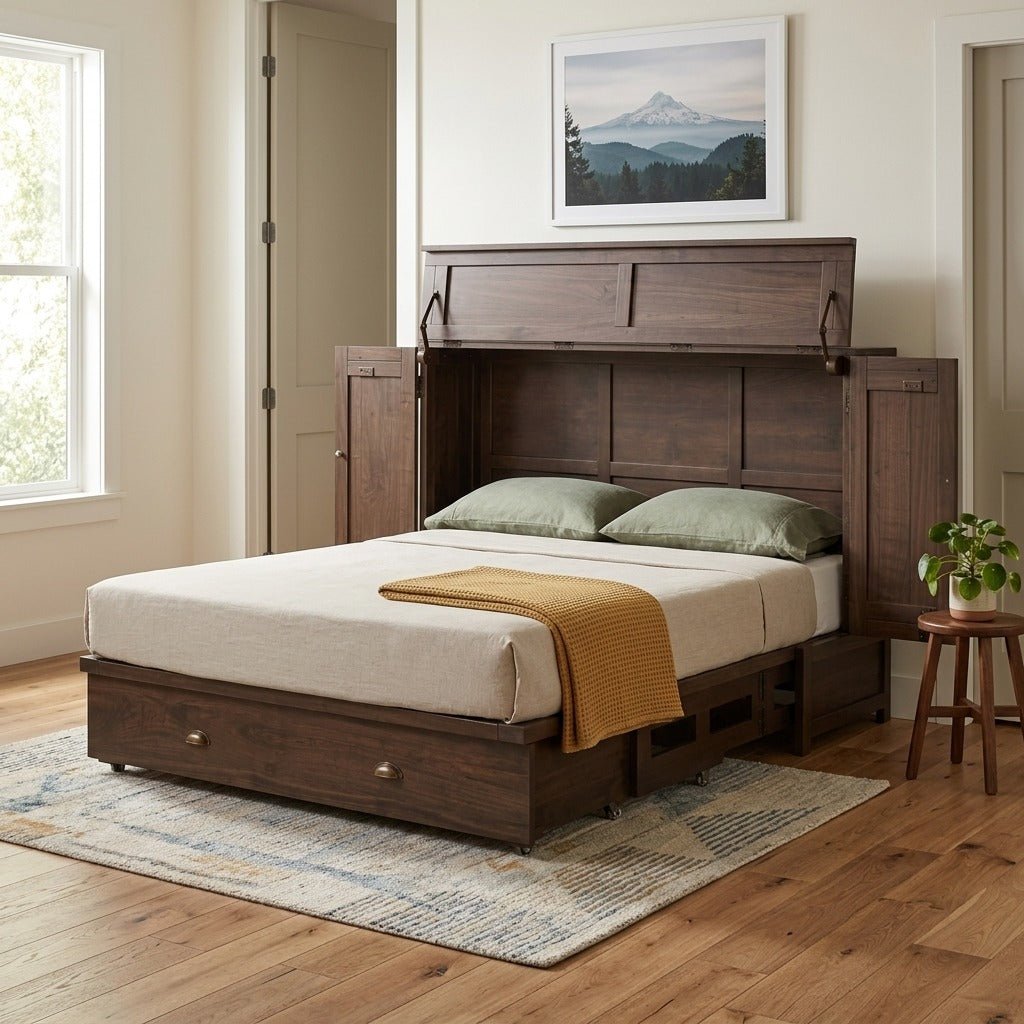 Murphy cabinet bed in espresso open with layered bedding in a serene Portland guest bedroom - Whats New Furniture