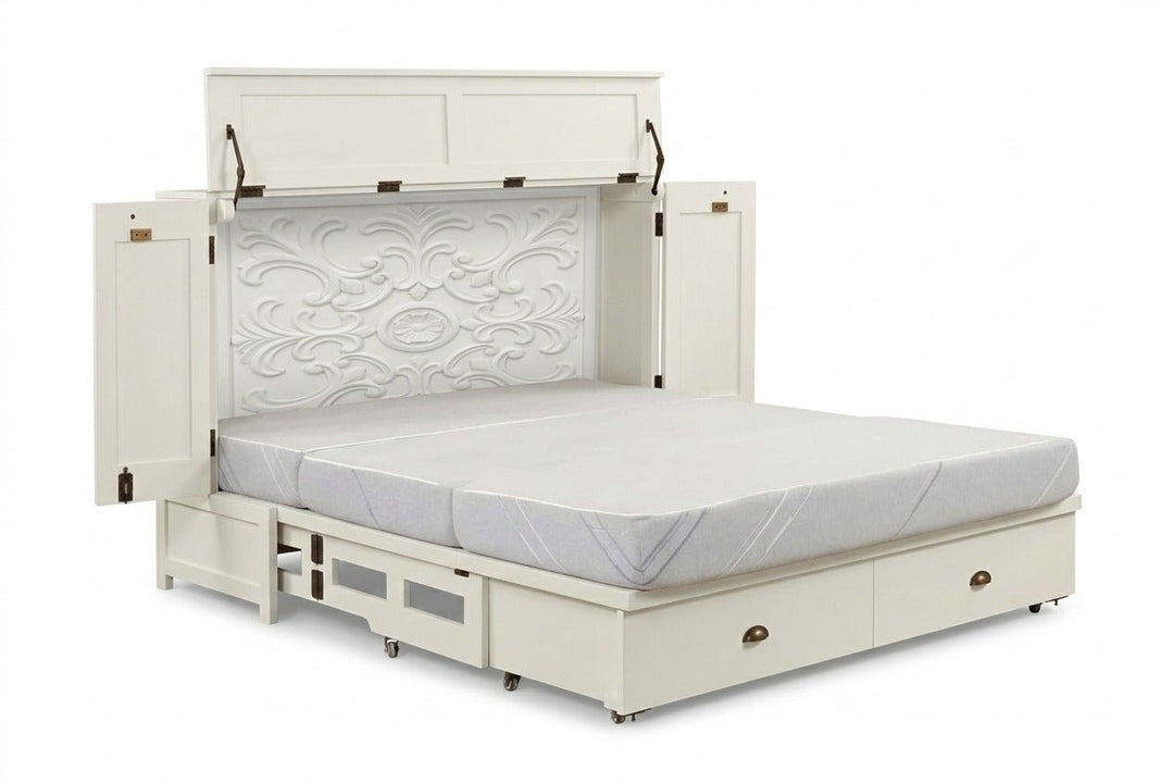 Murphy cabinet bed in Artesian Black finish fully open with queen memory foam mattress - solid mahogany with ornate hand-carved filigree doors, painted black finish - Whats New Furniture Portland OR