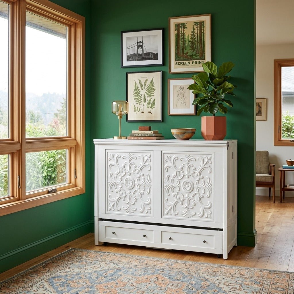 Artesian Black Murphy cabinet bed in bright Portland mid-century modern room as a credenza - Whats New Furniture