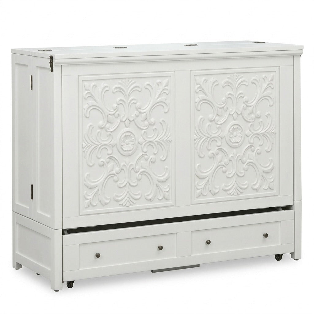 Murphy cabinet bed in Artesian Black finish closed as a compact cabinet - solid mahogany with ornate hand-carved filigree doors, painted black finish - Whats New Furniture Portland OR