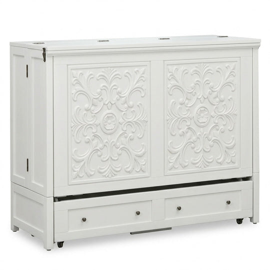 Murphy cabinet bed in Artesian Black finish closed as a compact cabinet - solid mahogany with ornate hand-carved filigree doors, painted black finish - Whats New Furniture Portland OR