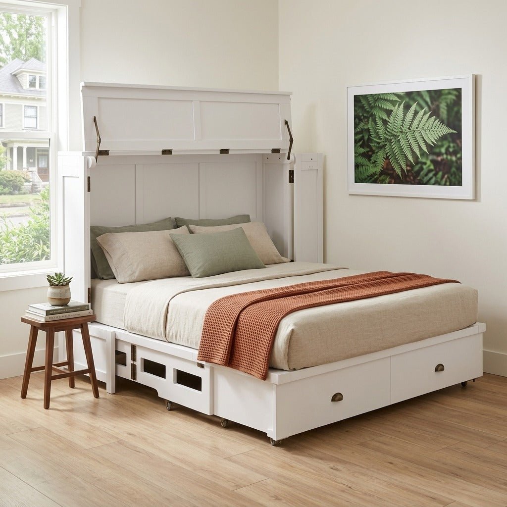 Murphy cabinet bed in white open with layered bedding in a serene Portland guest bedroom - Whats New Furniture