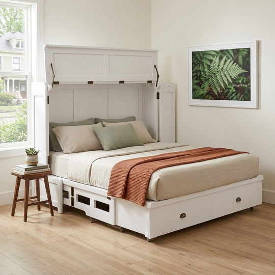 Murphy cabinet bed in white open with layered bedding in a serene Portland guest bedroom - Whats New Furniture