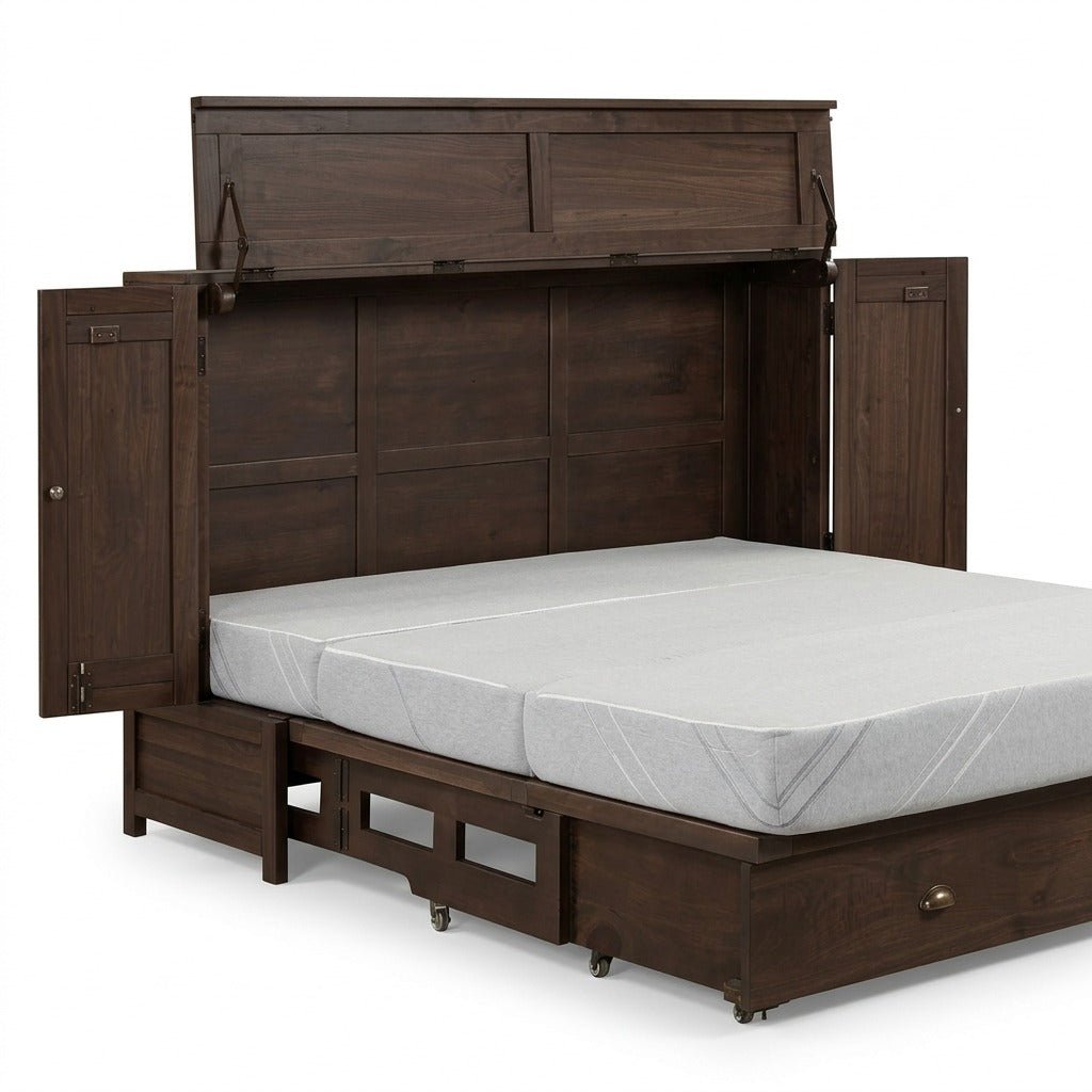 Murphy cabinet bed in espresso finish fully open with queen memory foam mattress - solid mahogany in espresso stain finish, Whats New Furniture Portland
