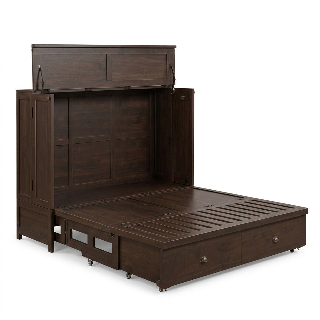 Murphy cabinet bed in espresso finish opening to reveal the queen bed frame - space-saving bed by Whats New Furniture Portland