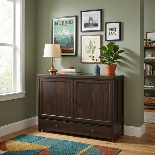 Murphy cabinet bed in espresso styled as a credenza in a bright Portland mid-century modern room - Whats New Furniture