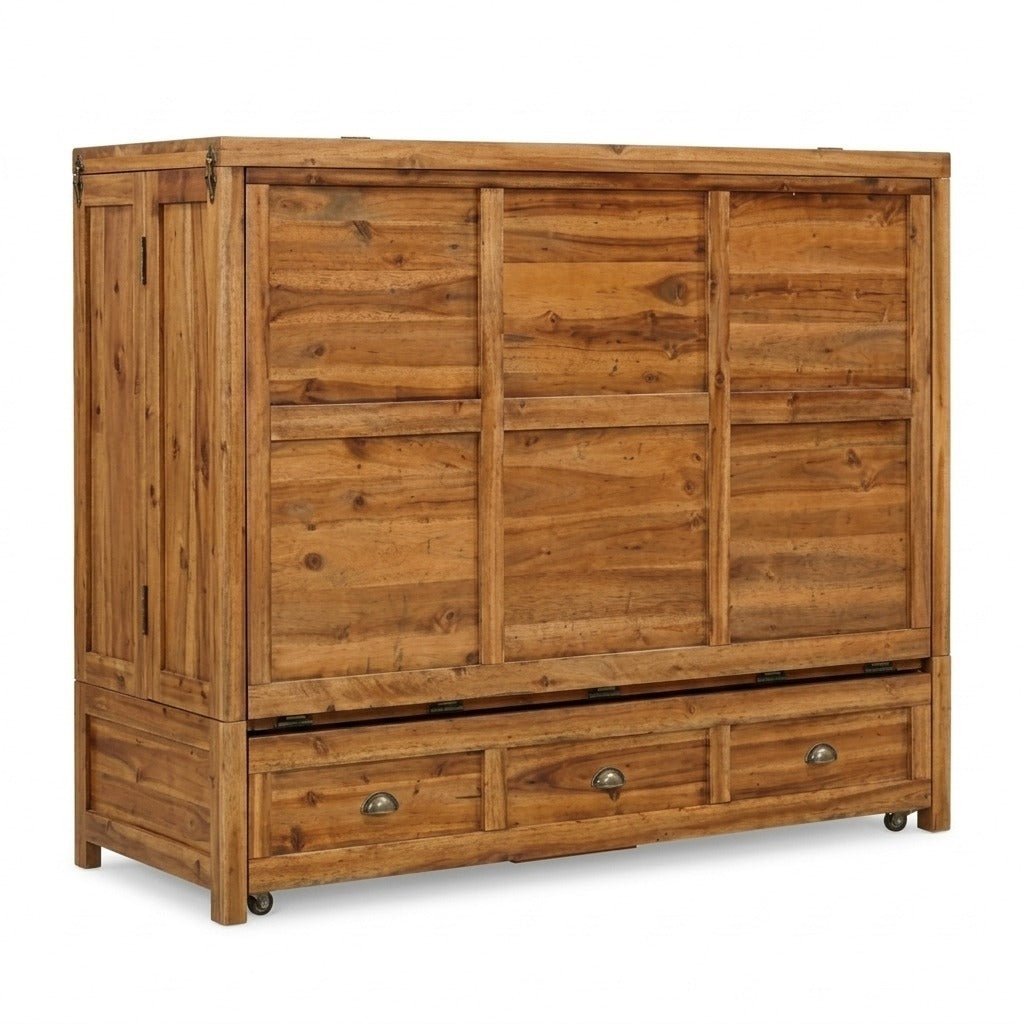 Murphy cabinet bed in Timberline finish closed as a compact cabinet - solid acacia with horizontal plank doors, warm natural finish - Whats New Furniture Portland OR