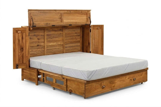 Murphy cabinet bed in Timberline finish fully open with queen memory foam mattress - solid acacia with horizontal plank doors, warm natural finish - Whats New Furniture Portland OR