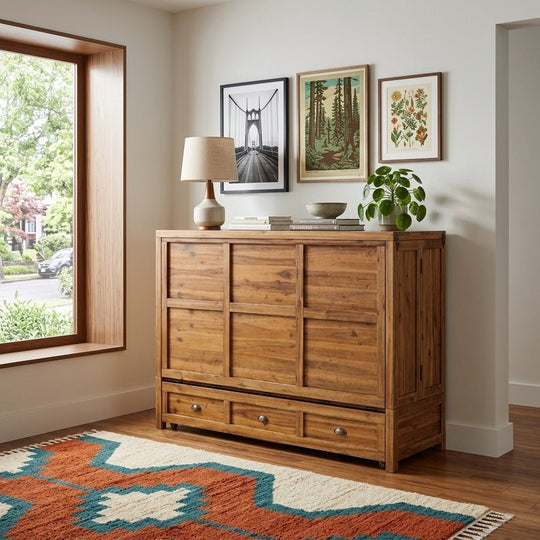 Timberline Murphy cabinet bed in bright Portland mid-century modern room as a credenza - Whats New Furniture