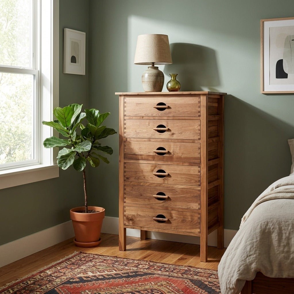 Urban Mission Chest of Drawers in Black Walnut styled in a Portland mid-century modern bedroom - Whats New Furniture