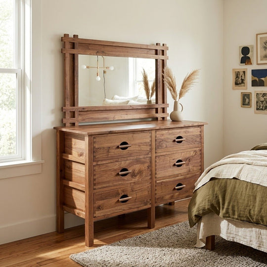 Urban Mission Dresser in Black Walnut styled in a bright Portland mid-century modern bedroom - Whats New Furniture