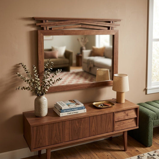 Urban Mission Mirror in Black Walnut styled above a walnut credenza in a bright Portland entryway - Whats New Furniture