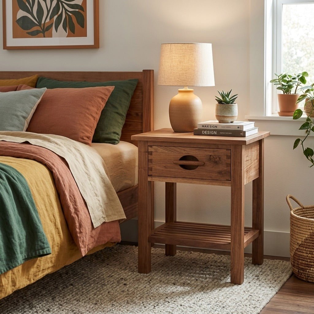 Urban Mission Nightstand in Black Walnut styled in a bright Portland mid-century modern bedroom - Whats New Furniture