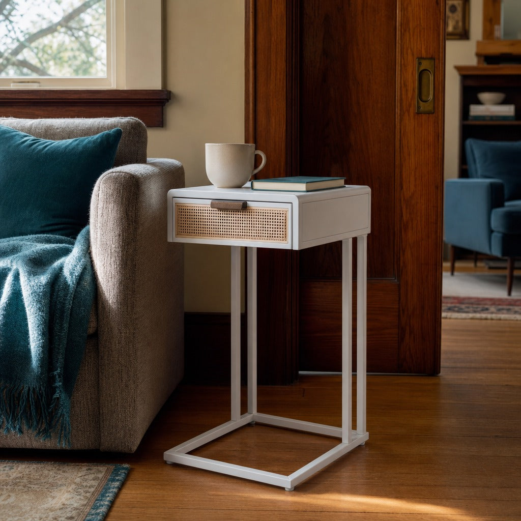 Amherst 1 Drawer Radio Weave Cane Metal Side Table White styled in Portland Ladd&